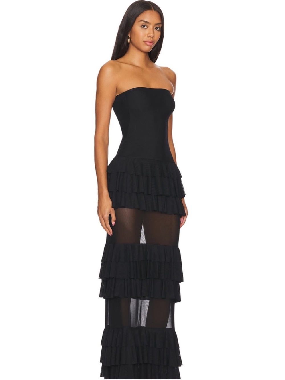 Superdown Black Strapless Black Ruffle Maxi Dress